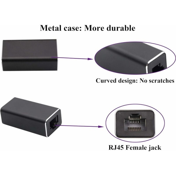 RJ45-kobling, metallskall RJ45 hunn til hunn Ethernet-forlengelse, LAN-kontakt Inline-nettverkskontakter for Cat7 / Cat6 / Cat5e / Cat5 Ethernet-kabel (2-pakning) Svart