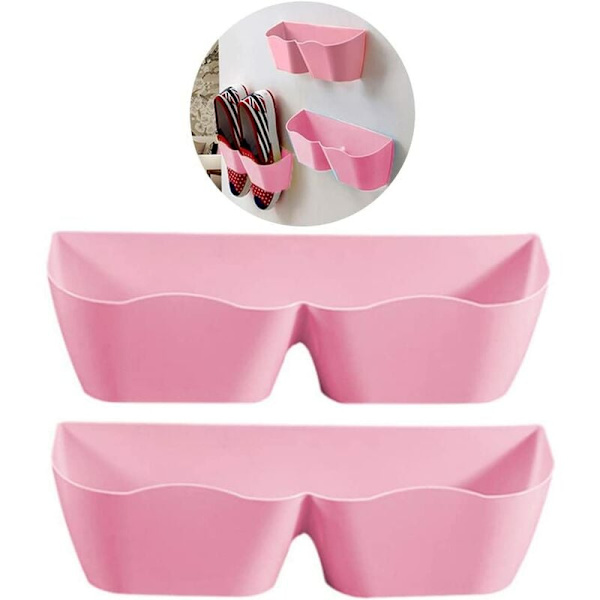 Vægmonteret skoreol hængende skostativ, plast vægmonteret skoreol med ingen boring vægmontering, sæt med 2 (pink)