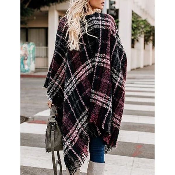 Boho poncho med öppen framsida, oversize stickad rutig sjal, wrap, kofta