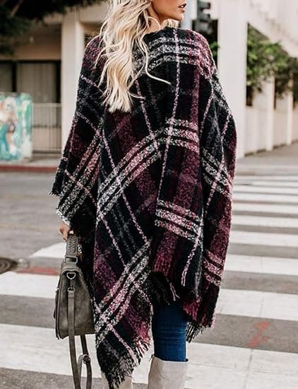 Kvinde Boho Åben Front Poncho Cape Oversize Strikket Ternet Sjal Wrap Cardi