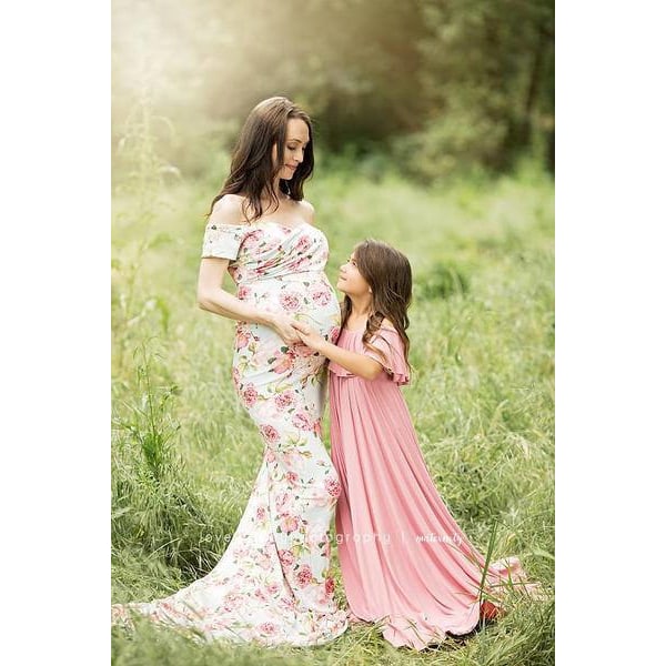 Äitiys Elegant Fitted Maternity Gown lyhythihainen Cross-Front V-kaula Slim Fit Maxi Valokuvausmekko Valokuvausta varten