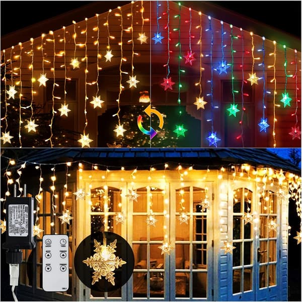 Fargerike LED-gardinlys, julelys med snøfnugg, 9M