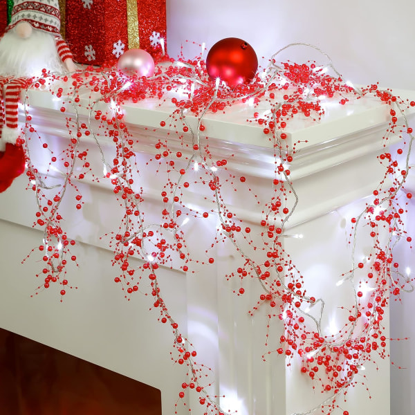 33 Feet Christmas Lighted Berry Beaded Garland med Lights Mantel
