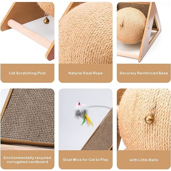 Kattenskrapeball i naturmateriale, skrapebrett for innendørskatter og kattunger, interaktivt katteskrapeball med ball, katteskrapeball i papp