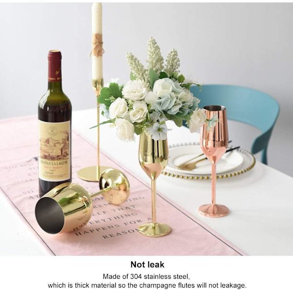 Champagne Flutes Sæt af 2, 304 Rosaguld Rustfrit Stål Champagne Flutes 220ml Rødvinglas Sæt til Bryllup Jubilæum Fødselsdagsgaver (Rosaguld)