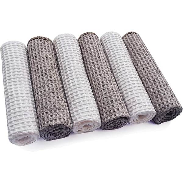 6 Pakkia Mikrokuitu Puhdistusliinoja Monikäyttöön Kylpyhuoneeseen, Kotiin, Keittiöön, Toimistoon, Autoon, Moottoripyörään, 3 Harmaata + 3 Valkoista, 30 x 30 cm