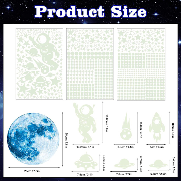 Glow-in-the-dark planeter, Glow-in-the-dark stjerner, solcelle tak astronaut, selvlysende fluorescerende galakse veggklistremerker dekorasjon for baby barn jenter gutter