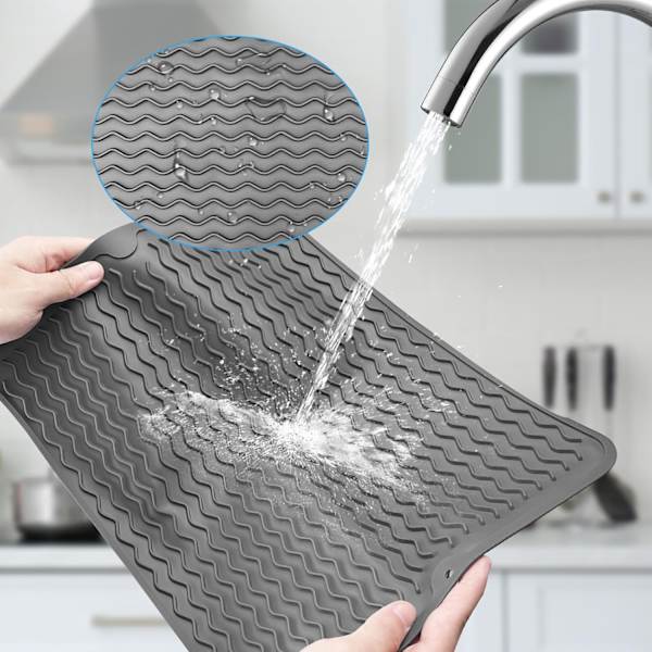 Silikon Opvaskestativ Måtte, 40cm x 30cm Absorberende Køkken Opvaskemåtte, Opvaskestativ Måtte til Køkkenvask, Varmebestandig og Skridsikker (Mørkegrå)