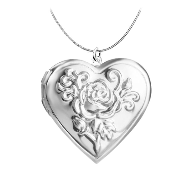 Silverhalsband med öppningsbar medaljong - Hjärta med blomma Silver