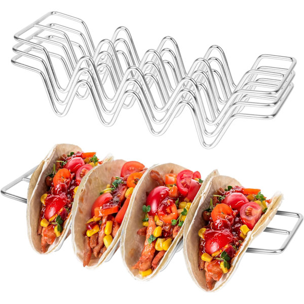 Taco-holdere, sett med 3, taco-stativ i rustfritt stål, taco-brett for taco-tilbehør, holder 4 tacoer hver, ovnsikker for baking, oppvaskmaskin- og grillsikker