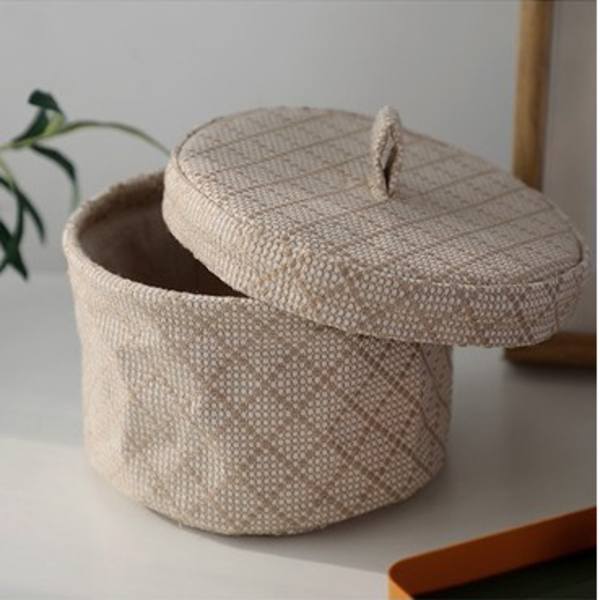 2 kappaletta Jute ja puuvillakangas säilytyskori söpö pyöreä laatikko Toiletries T
