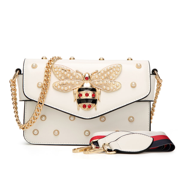 Bee Pearl Crossbody Bag for kvinner Kjede Bee Bag, hvit，21*14*6 cm