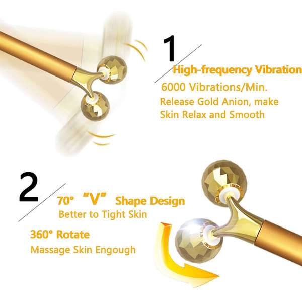 2-i-1 Beauty Bar 24k Golden Pulse Facial Face Massager, 3d Roller