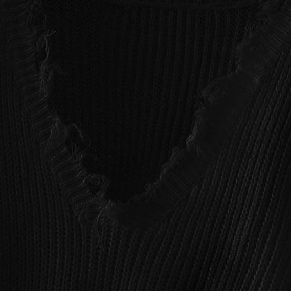 Kvinnors Lös Långärmad V-ringad Riven Pullover Stickad Tröja Kort Topp Svart