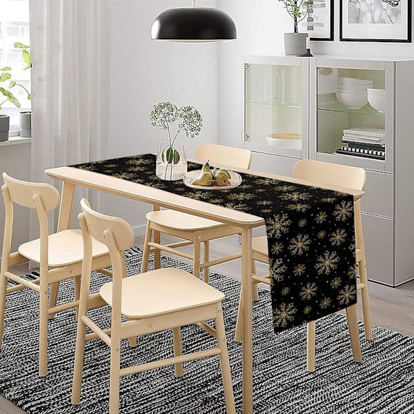 Svart guld jul bordslöpare snöflinga bordsduk tvättbar säsongsbetonad vinter modern linne bordslöpare för fest semester kök matbord deco