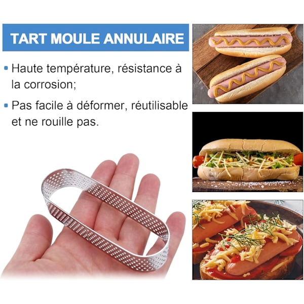 Tærteform i Ring, Sæt af 6 Rustfrit Stål Tærteforme i Oval Form, Varmebestandig, Perforeret til Mousse Kager (13 * 4.5 * 2cm)