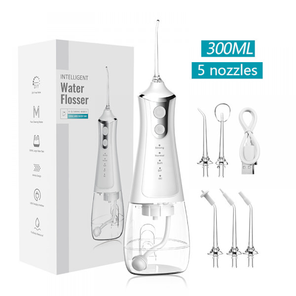 Water Floss Portable 300ML Dental Flosser USB Rechargeable Teeth Cleaner with 5 Nozzles