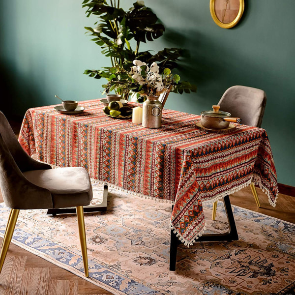 Pompom-tofs duk för bohemiska rektangulära bord, skrynkelfri linne bohemisk stil design bordsduk för matsal, bordsdekoration (röd, 140*300cm)