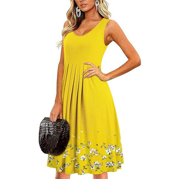 Kvinner Sommer Casual Løs Blomstertrykk Plissert Ermeløs Midi Vest Sol Kjoler for Strand Bryllup Fest GUL XL