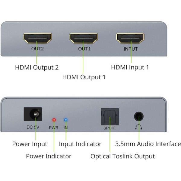 4K 3D HDMI Audio Extractor med HD 1x2 HDMI Splitter HDMI till Optisk SPDIF
