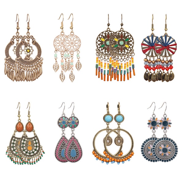 8 par Vintage Boheme Mode Øreringe kompatible Kvinder Piger Creoler Dingle Ørestikker Turkis Kvast Øreringe Hul Vedhæng Mode Ørering