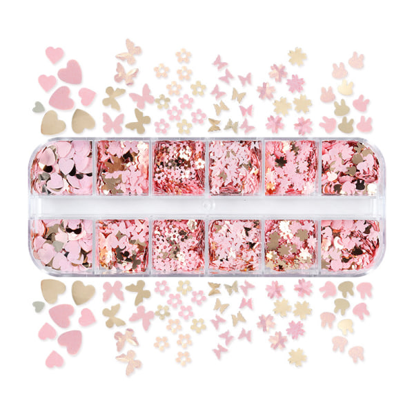 Blomster spiker glitter paljetter 12 rutenett gull rosa holografisk glitter