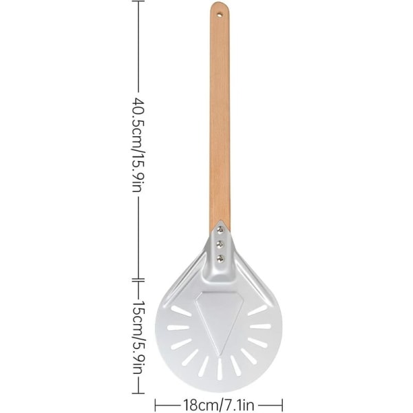 7 tommers rund pizzaspade, perforert pizzaspade med avtakbart langt trehåndtak, laget av aluminium og sklisikkert håndtak longziming