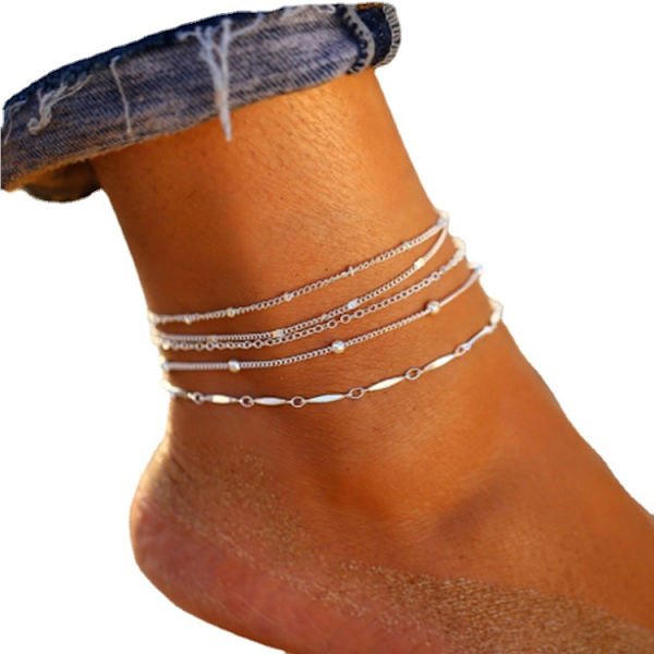 Boho Perle Ankelkæder Sølv Multilayer Perle Kæde Ankelkæde Armbånd