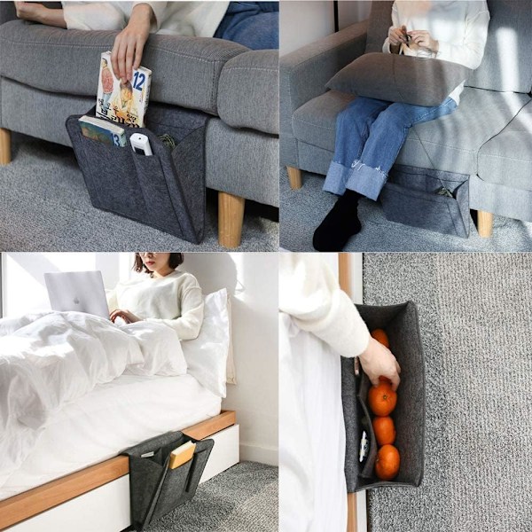 Tykk filt nattbord oppbevaringspose sofa hengende arrangør for seng for magasin bok telefon fjernkontrollpute med 5 lommer (grå)