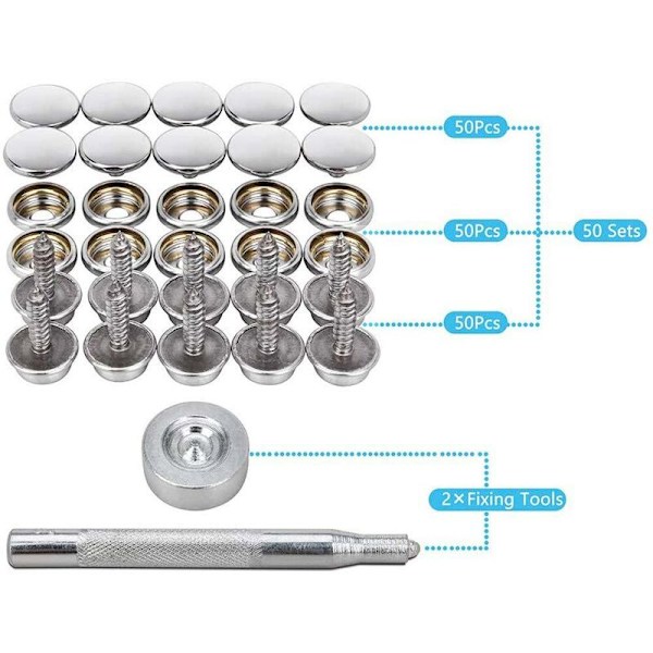 150 stk. Marine Canvas Snaps Kit med metalskruer til båd, 9,5 mm sokkel med 2 justeringsværktøjer til bådpresenning, møbler