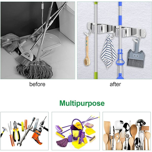 Ruostumattomasta teräksestä valmistettu luutakoukku, moppikoukku, säilytysteline, jossa on 2 klipsua ja 3 koukkua 27 cm