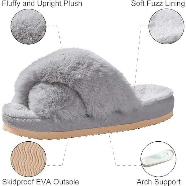 Kvinder Bløde Plys Letvægts Hjemmesko Fuzzy Krydsbånd Slip on Open