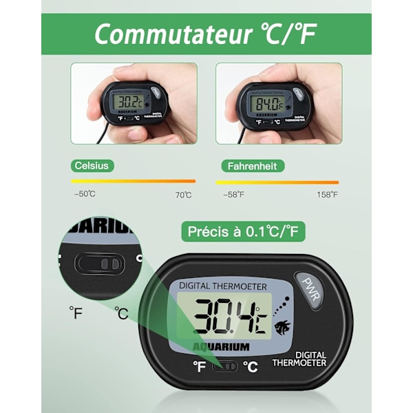 Akvarie Termometer - LCD Digital Akvarie Termometer med Sugekop og Nedsænkningsprobe til Akvarium, Terrarium