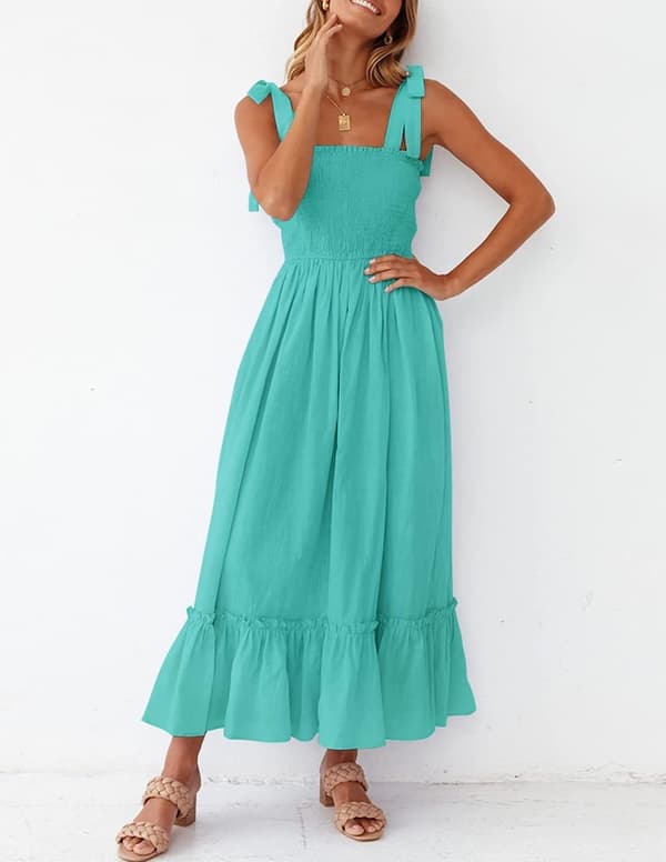 Kvinde Sommer Boho Spaghetti Stropper Firkant Hals Solid Plisseret A-Linje Strand