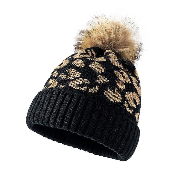 Dam Leopardmönstrade Pompong Stickade Mössor Varm Ullmössa Vinter Slouchy Beanie