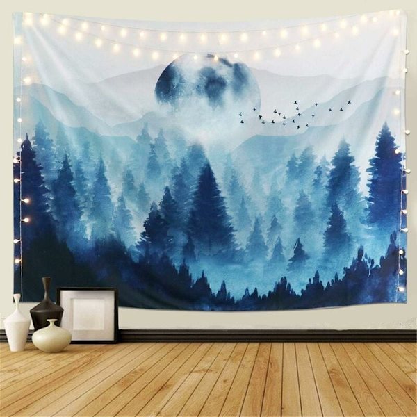 Sumuinen metsäseinävaate Metsäpuutapetit Vuoren seinävaate Luontomaisematapetti makuuhuoneeseen Olohuoneeseen Asuntolaan (Sininen, M/150cm x 130cm)