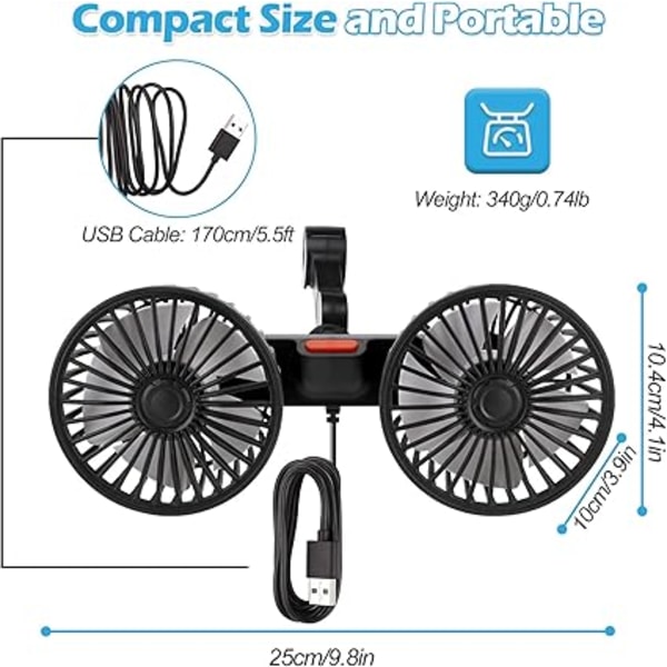 5V dubbelhuvud bilfläkt för bakre passagerare bärbar USB-fordonsfläkt, 360 grader