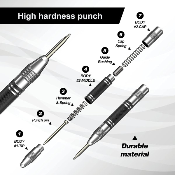 2 stk. automatisk centerpunch, automatisk centerpunch, fjederbelastet centerpunch