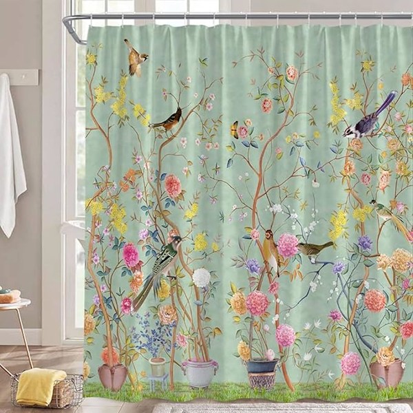 Bruseforhæng Grøn Blomst Fugl, 180*180 cm Bruseforhæng Anti-Mildew Stof Vandtæt Hurtigtørrende Polyester Badeforhæng til Badeværelse Maskine Wa