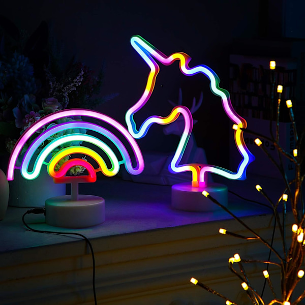 2 kappaletta sateenkaaren neonkylttiä, yksisarvisen neonvalokylttisetti paristolla tai USB-käyttöinen pidikealustalla söpö neon yövalo tyttöjen huoneeseen, syntymäpäivään, häihin, juhliin, jouluun