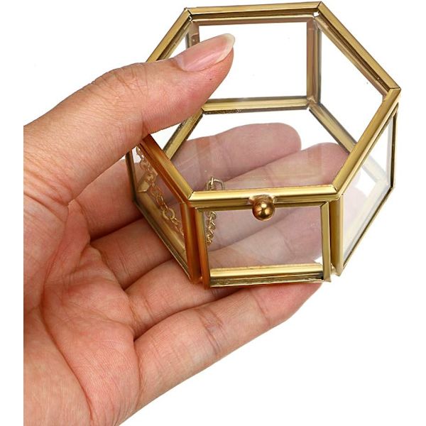 Dekorativ smykkeskrin i glass, smykkeskrin, sminkeorganisator, gaveeske, displayholder for øredobber, halskjede, ringer (gull, liten)
