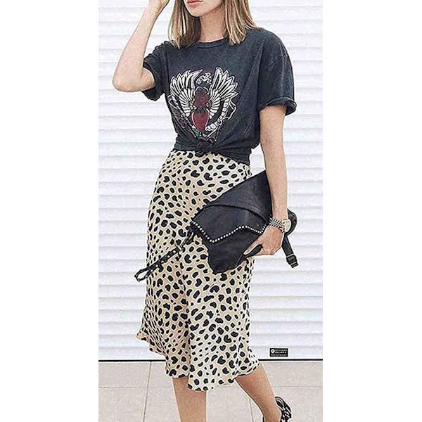 Leopard skjørt for kvinner, midi-lengde, høyt liv, silkesatin, elastisk gepardskjørt XL