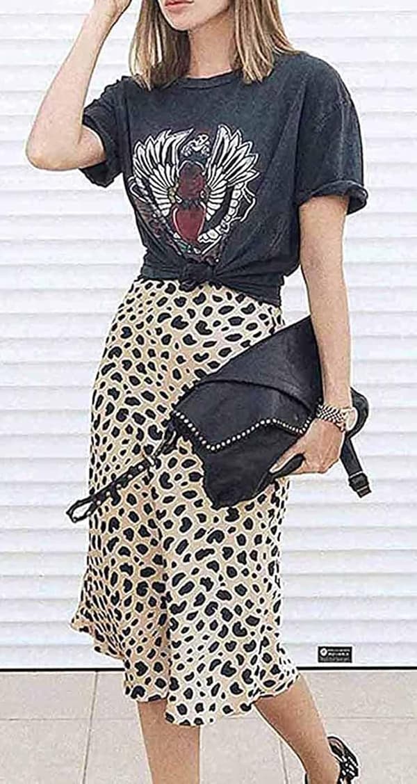 Leopardkjol för kvinnor, midilängd, hög midja, siden, satin, elastisk, gepard
