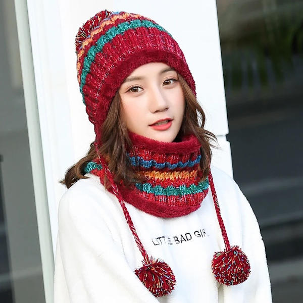 Dame Strikket Lue Sjal Sett Vinter Varm Tykk Heklet Bobble Pom Pom Bønne Lue