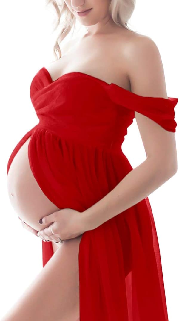 Maternity kjole til fotografering Off Shoulder Chiffon kjole Split Front Maxi