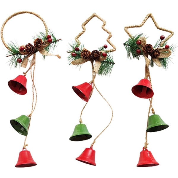 3 stk Juleklokker, Trehengende ornament Metall Jingle Bells med bær