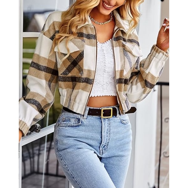 Dame Langærmet Flannel Ternet Crop Shacket Jakker Zip Up Lapel Lommer