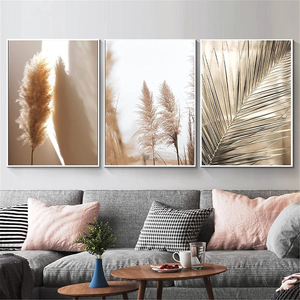 Set av 3 Premium Posters Set, Beige, Pampas Grass, Modern Pictures Decorati