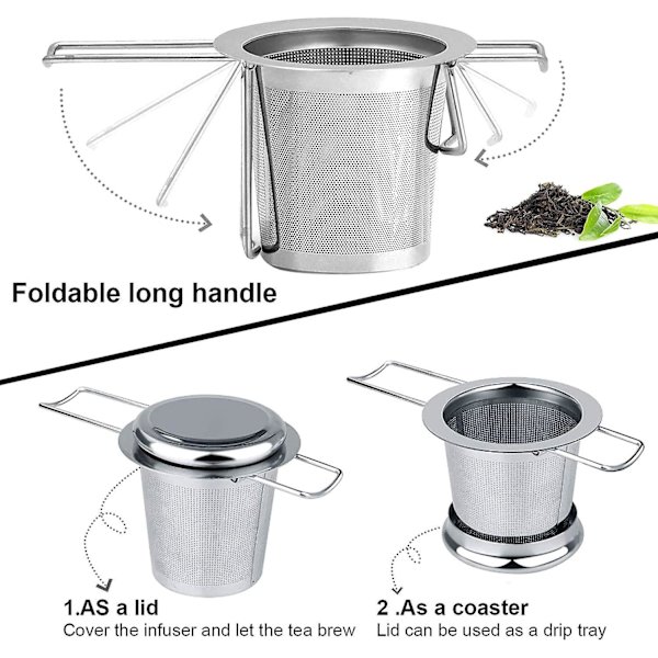 Te-sil i rustfritt stål, te-infuser te-sil med lokk, finmasket te-filter, sammenleggbart håndtak