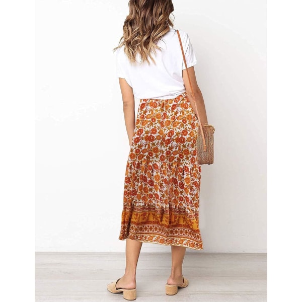 Kvinders Boho Blomsterprint Elastisk Højtaljet Plisseret A-Linje Midi Nederdel XL